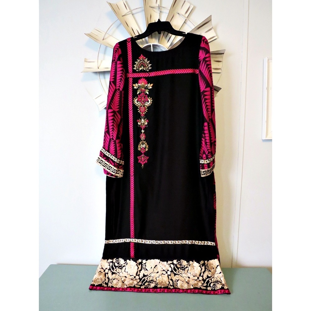 Embroidered Kaftan Maxi Dress –Beaded Floral Trim, Side Slits, Boho Ethnic Style - Picture 7 of 16